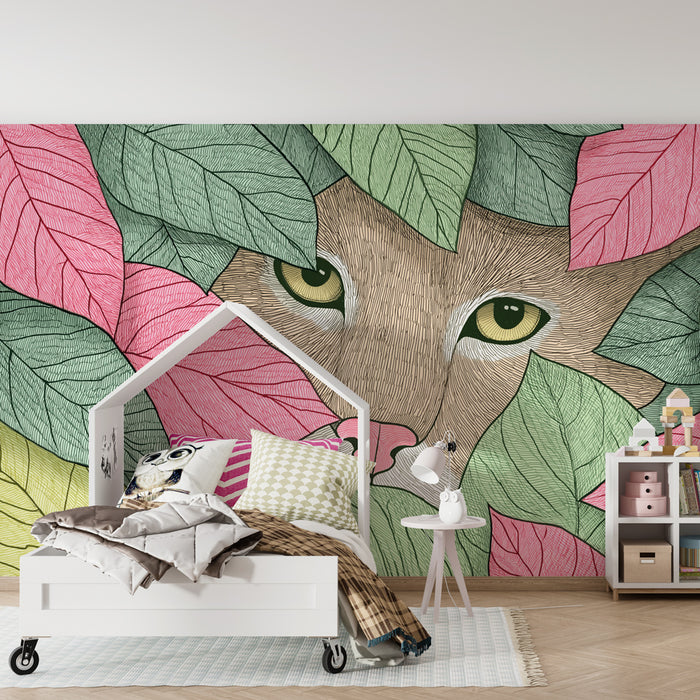 Kinderkamer behang | Verborgen kattengezicht in de bladeren