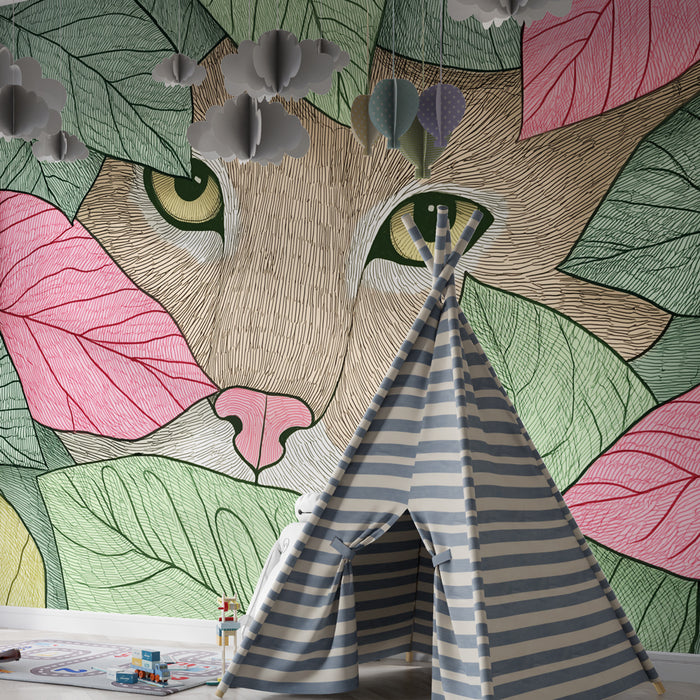 Kinderkamer behang | Verborgen kattengezicht in de bladeren