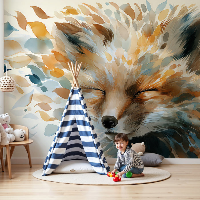 Papier peint chambre enfant | Visage de renard en feuillage coloré