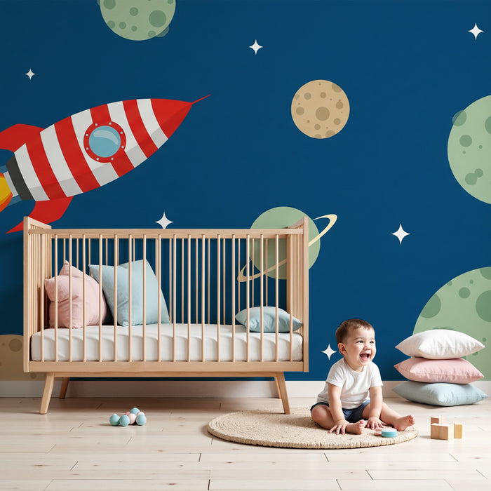 Kinderzimmer Tapete | Weltraumreise mit bunten Raketen