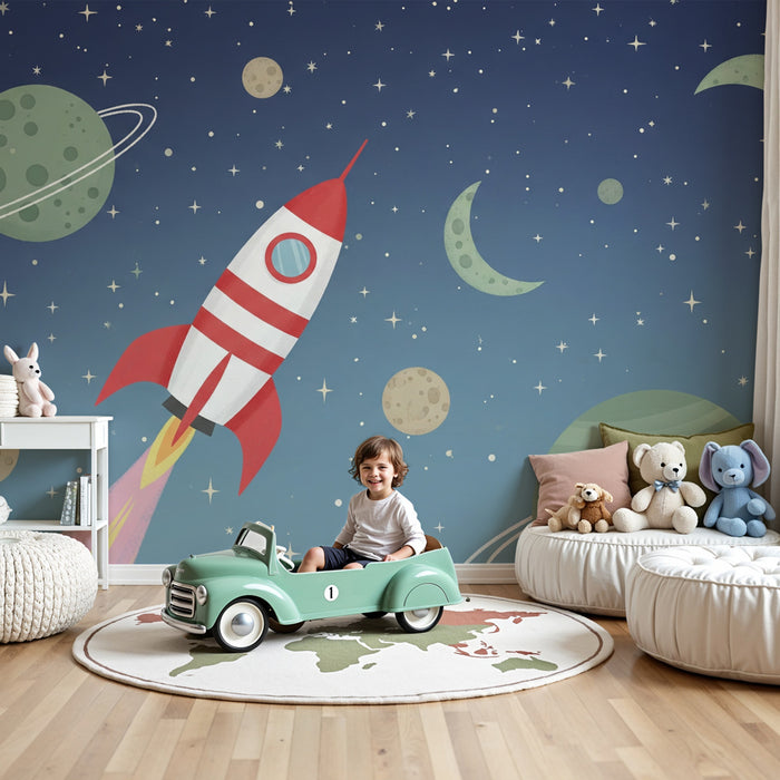 Carta da parati bambini | Viaggio spaziale e razzo colorato