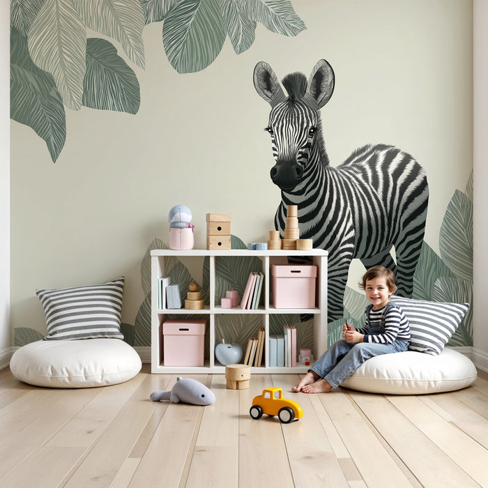 Papel pintado infantil | Cebra en medio de las hojas