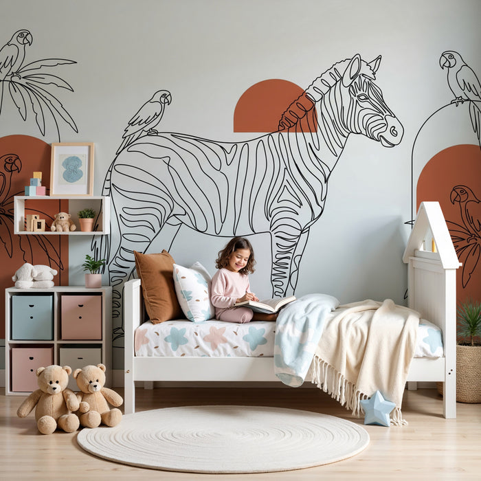 Tapety dla dzieci | Zebra a papoušci v stylizované džungli