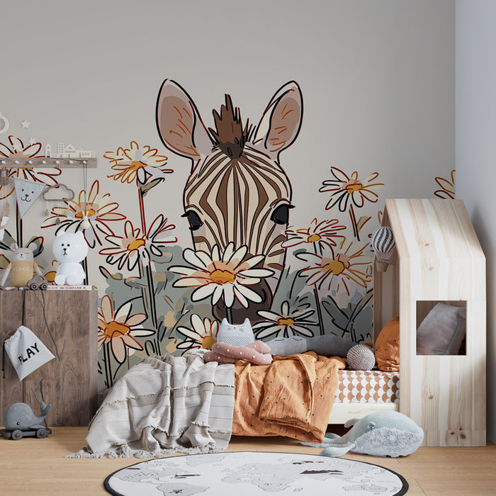 Papel de parede criança | Curioso zebra entre as flores