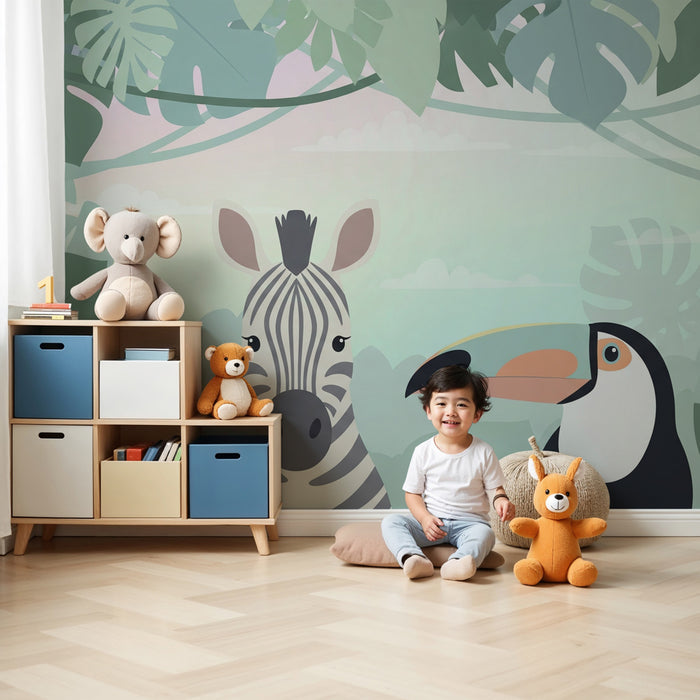 Papier peint chambre enfant | Zèbre et toucan au cœur de la jungle