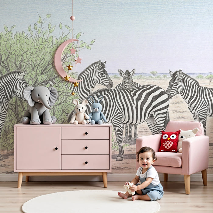 Papier peint chambre enfant | Zèbres dans la savane en dessin