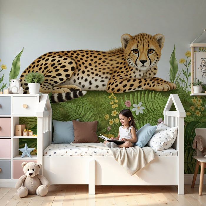 Papel de parede criança | Leopardo pacífico e natureza luxuriante