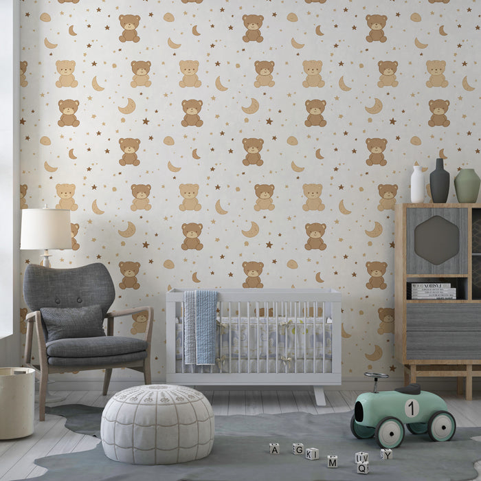 Papier peint chambre bébé à motifs | Oursons et étoiles douces