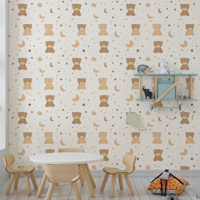 Papier peint chambre bébé à motifs | Oursons et étoiles douces