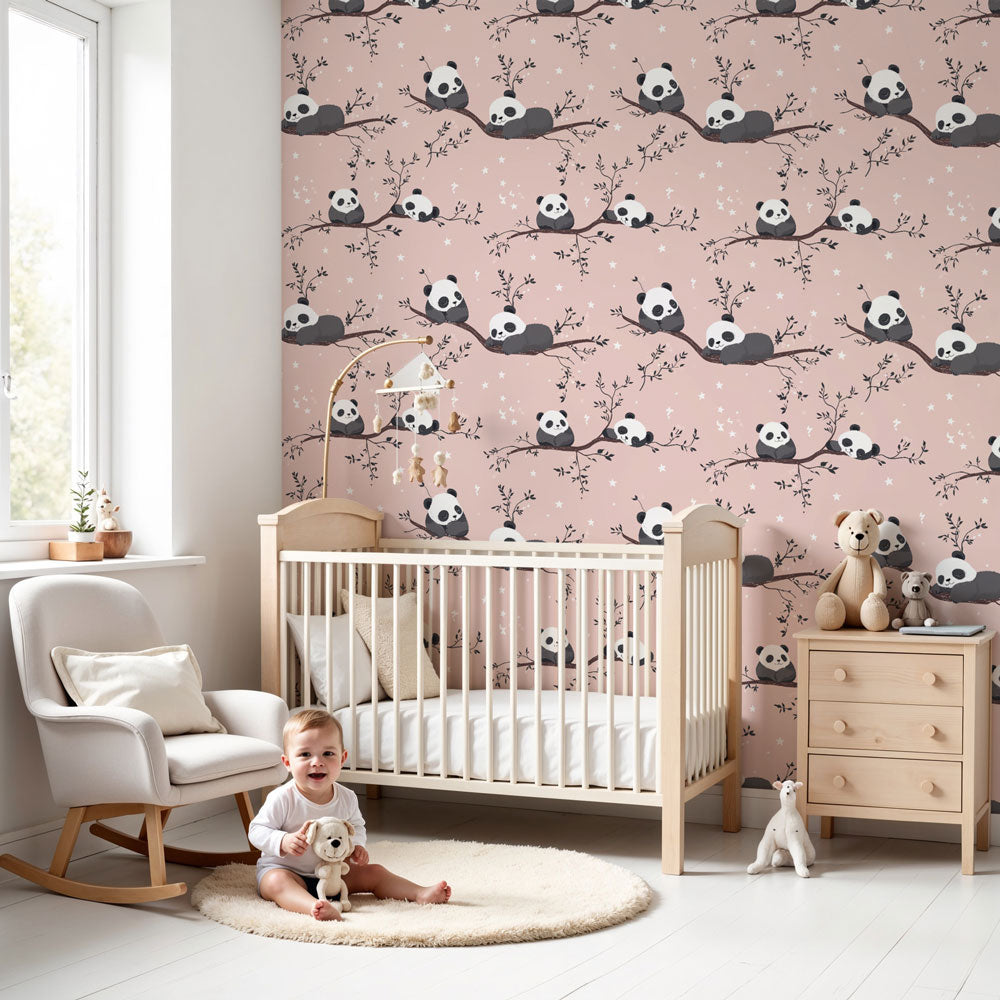 Nursery room wallpaper with patterns | Playful pandas on delicate bran ...