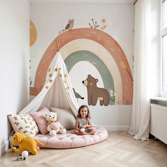 Papel de parede quarto bebê – Sretna šuma i pastelni dugini naseljeni ljubimcima