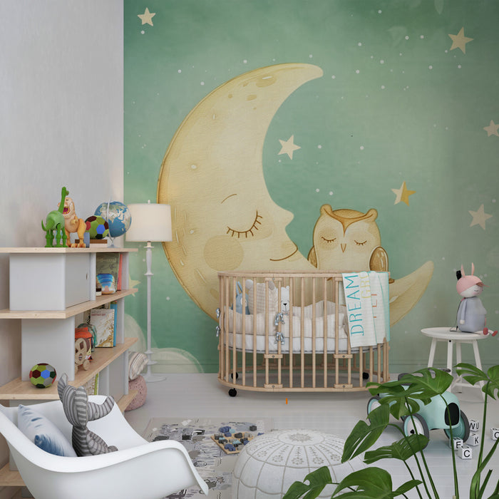 Papel de parede quarto bebê – Lua fofa e uma corujinha adormecida no meio das estrelas
