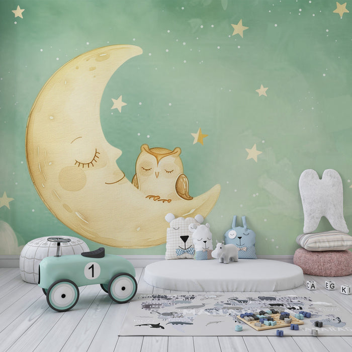 Papel de parede quarto bebê – Lua fofa e uma corujinha adormecida no meio das estrelas
