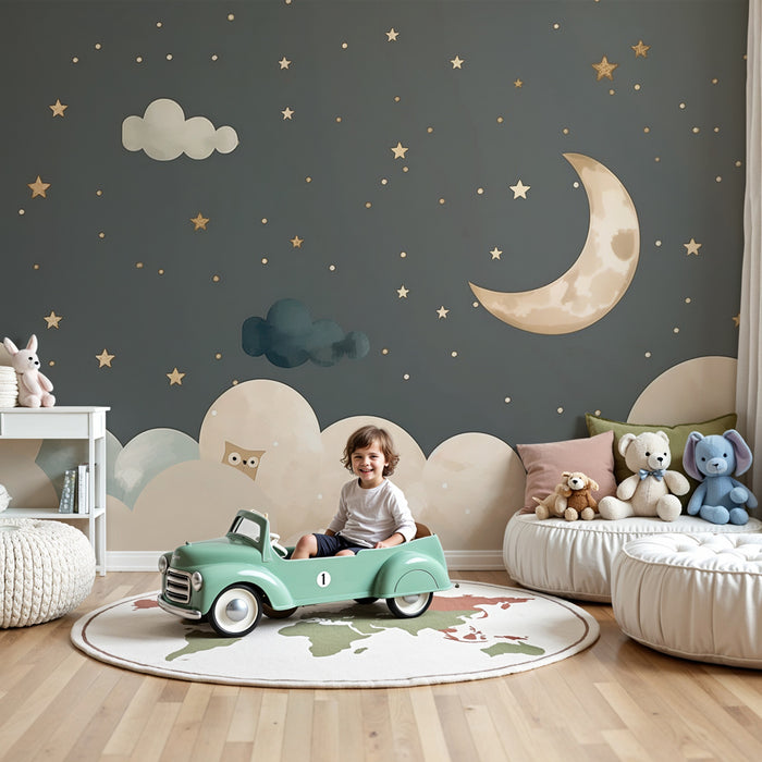 Papier peint chambre bébé | Nuit étoilée avec lune dorée, nuages crème et petite chouette cachée
