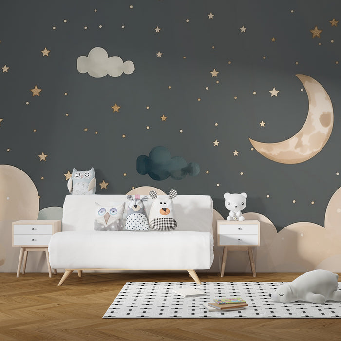 Papier peint chambre bébé | Nuit étoilée avec lune dorée, nuages crème et petite chouette cachée