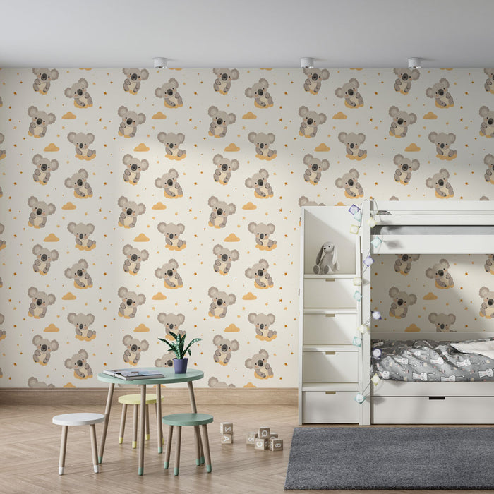 Papier peint chambre enfant à motifs | Adorables koalas sur un fond neutre