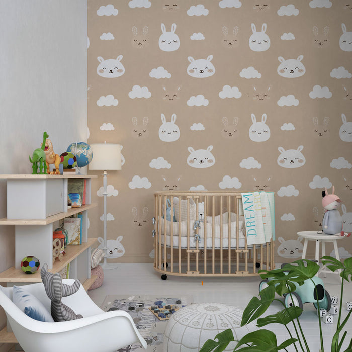 Kids room wallpaper with patterns | Adorable rabbits and soft clouds