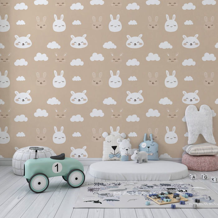 Kids room wallpaper with patterns | Adorable rabbits and soft clouds