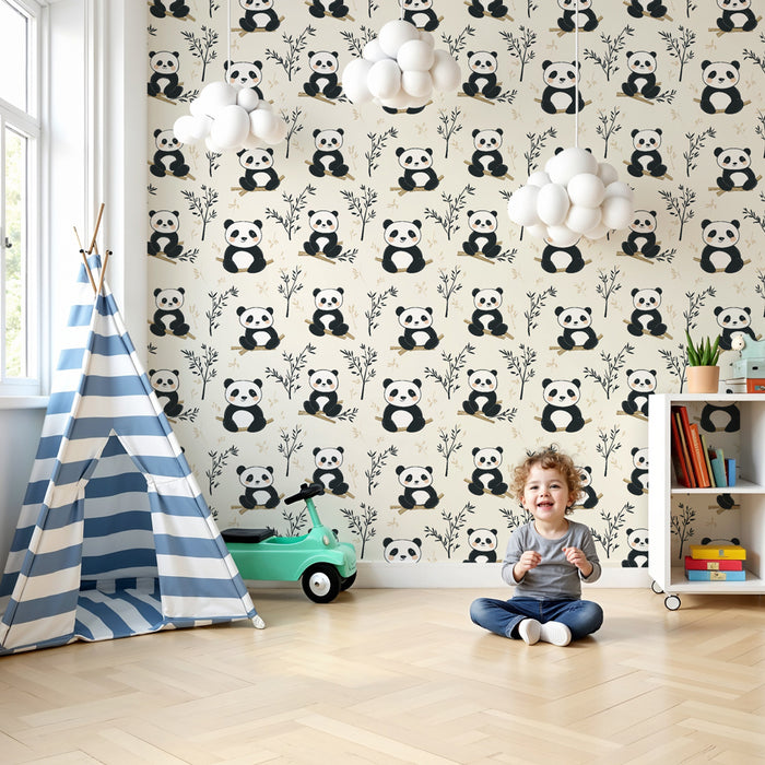 Kinderkamer behang met patronen | Schattige panda's te midden van bladeren