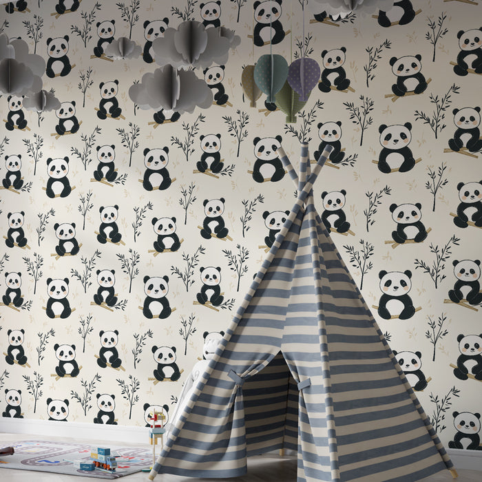 Kinderkamer behang met patronen | Schattige panda's te midden van bladeren