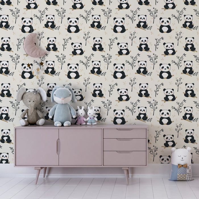 Kinderkamer behang met patronen | Schattige panda's te midden van bladeren