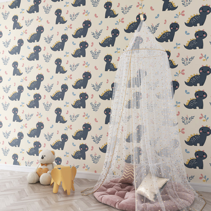 Kinderzimmer Tapete mit Mustern | Niedliche kleine Dinosaurier und bunte Blätter