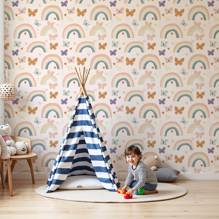 Papier peint chambre enfant à motifs | Arcs-en-ciel et papillons colorés
