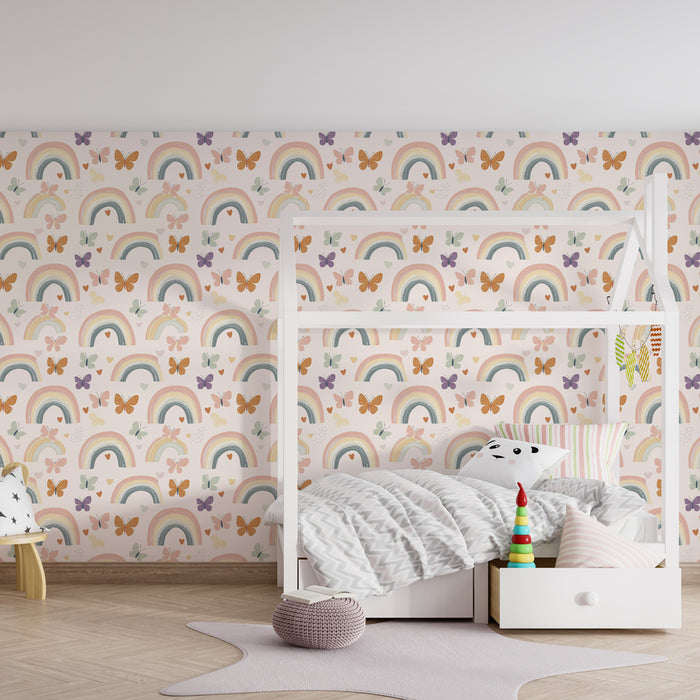 Papier peint chambre enfant à motifs | Arcs-en-ciel et papillons colorés