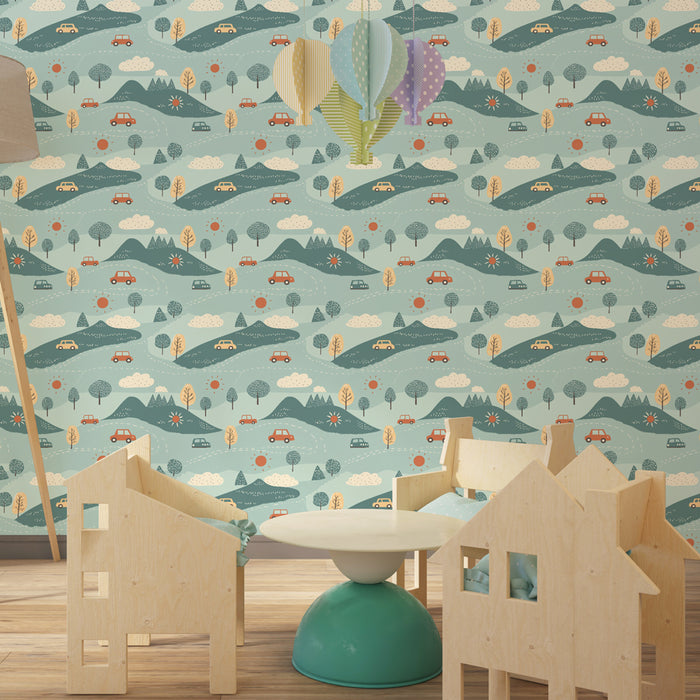Kinderzimmer Tapete mit Motiven | Abenteuer in der freien Natur mit Autos und Landschaften