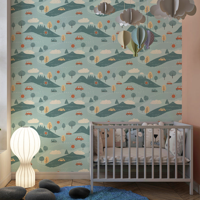 Kinderzimmer Tapete mit Motiven | Abenteuer in der freien Natur mit Autos und Landschaften