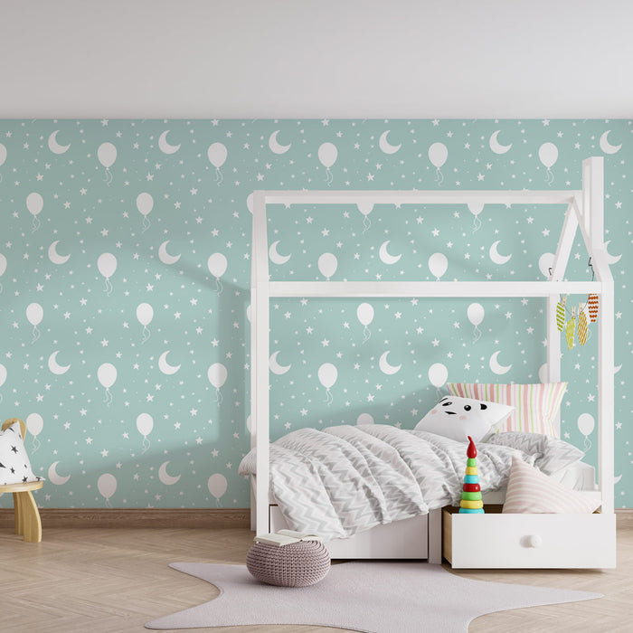 Papier peint chambre enfant à motifs | Ballons blancs et étoiles sur fond menthe