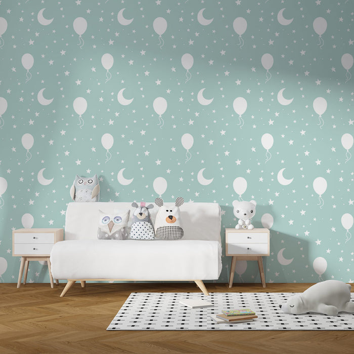 Papier peint chambre enfant à motifs | Ballons blancs et étoiles sur fond menthe