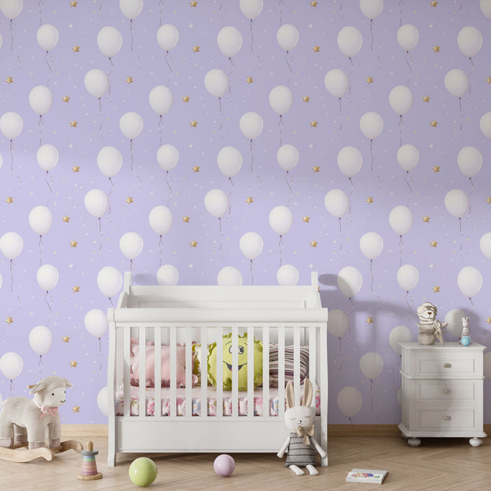 Papier peint chambre enfant à motifs | Ballons blancs sur fond lavande