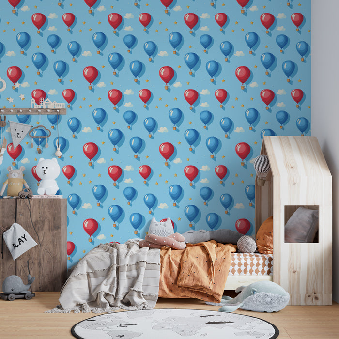 Carta da parati bambini a motivi | Palloncini colorati in un cielo azzurro chiaro