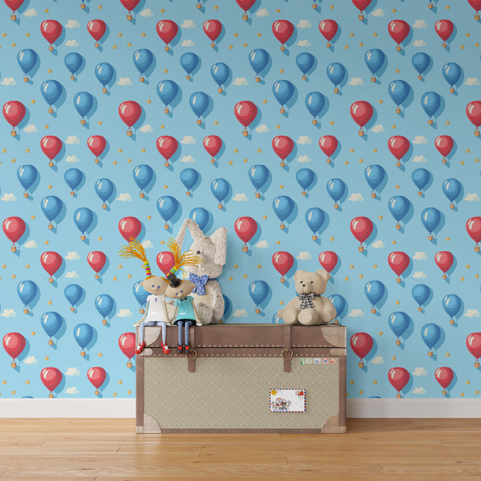 Carta da parati bambini a motivi | Palloncini colorati in un cielo azzurro chiaro