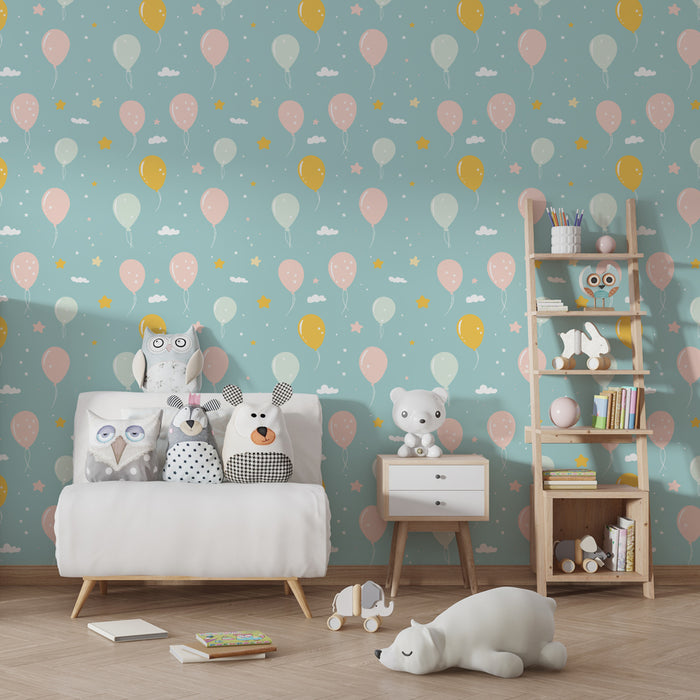 Papier peint chambre enfant à motifs | Ballons colorés et jolis nuages doux