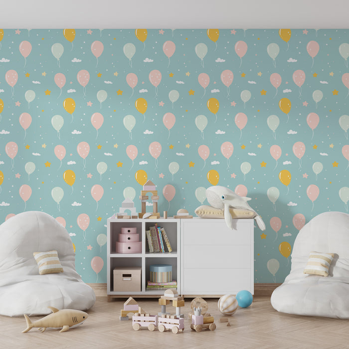 Papier peint chambre enfant à motifs | Ballons colorés et jolis nuages doux