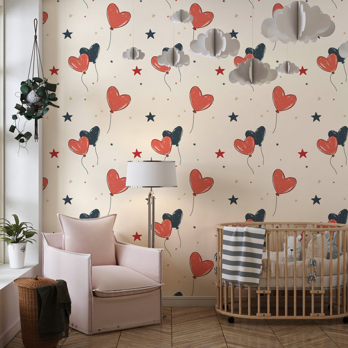 Papier peint chambre enfant à motifs | Ballons en forme de cœur et étoiles colorées