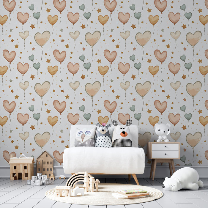 Papier peint chambre enfant à motifs | Ballons en forme de cœur et étoiles dorées