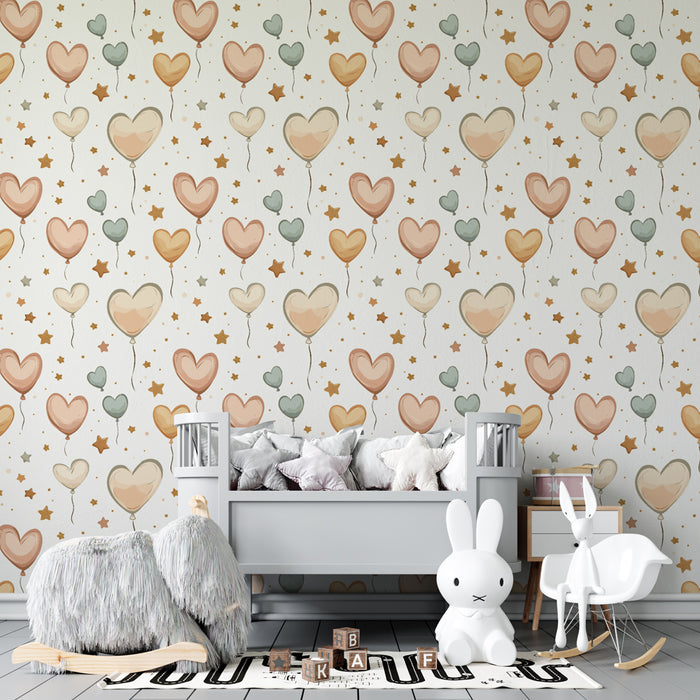 Papier peint chambre enfant à motifs | Ballons en forme de cœur et étoiles dorées