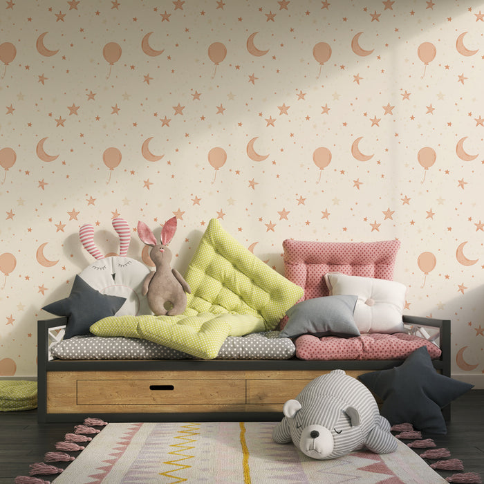 Papier peint chambre enfant à motifs | Ballons, étoiles et lunes douces