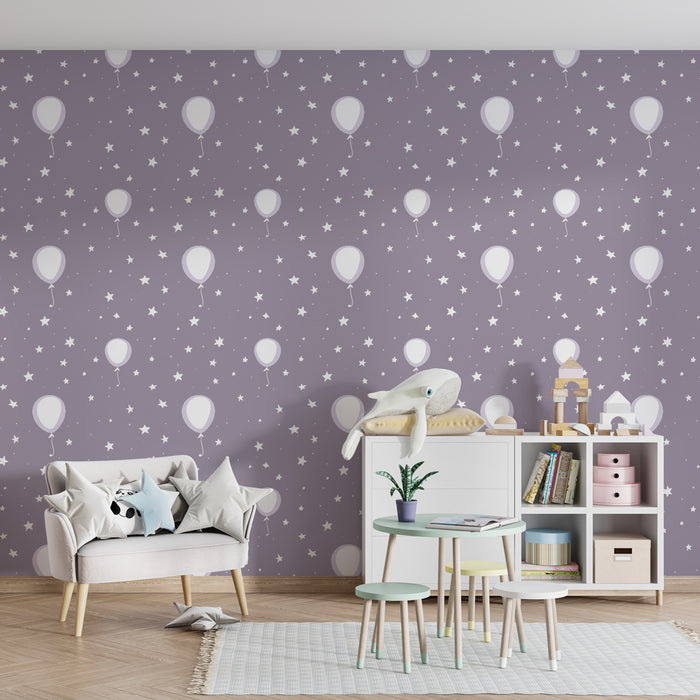 Papier peint chambre enfant à motifs | Ballons flottants et étoiles scintillantes