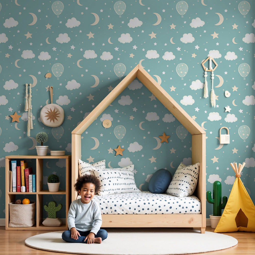 Kinderzimmer Tapete mit Motiven | Leichte Ballons und Sternenträume — Kids  Wall, image size:1000x1000