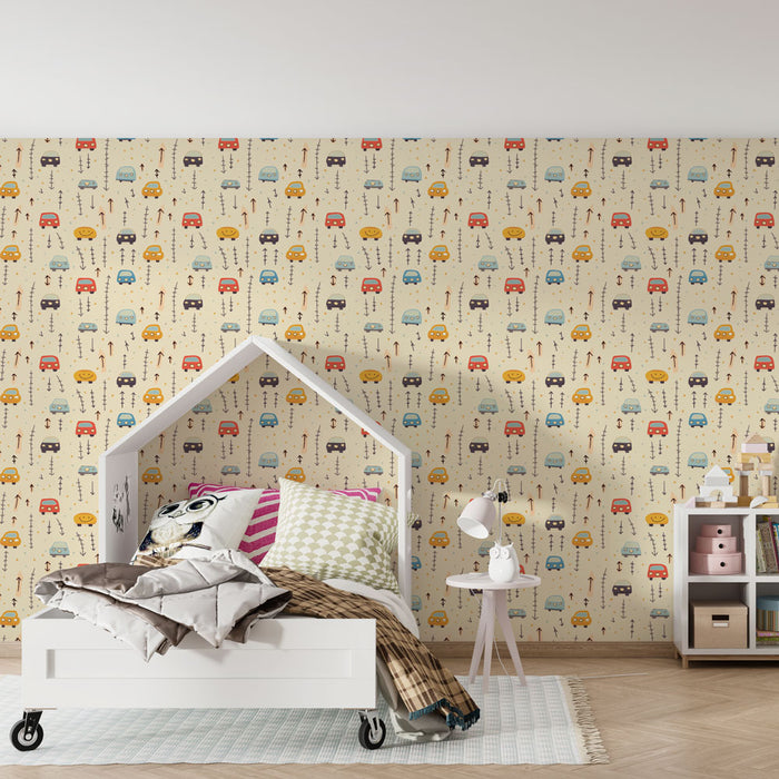 Kids room wallpaper with patterns | Charming colorful vehicles on the go