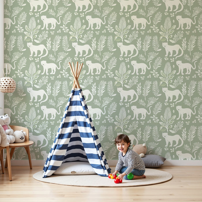 Kids room wallpaper with patterns | Cats and foliage on a light green background