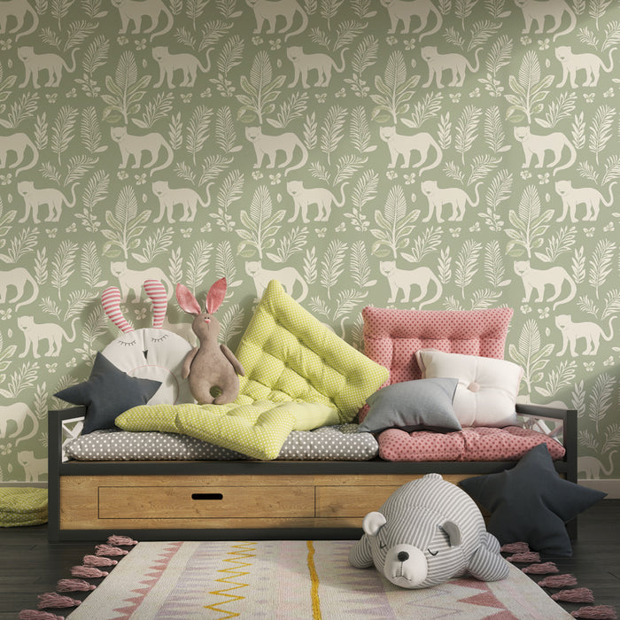 Kids room wallpaper with patterns | Cats and foliage on a light green background
