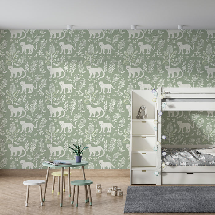 Kids room wallpaper with patterns | Cats and foliage on a light green background