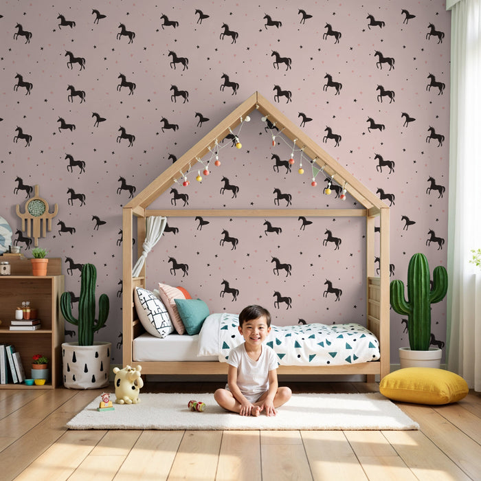 Papier peint chambre enfant à motifs | Chevaux et étoiles sur fond rose