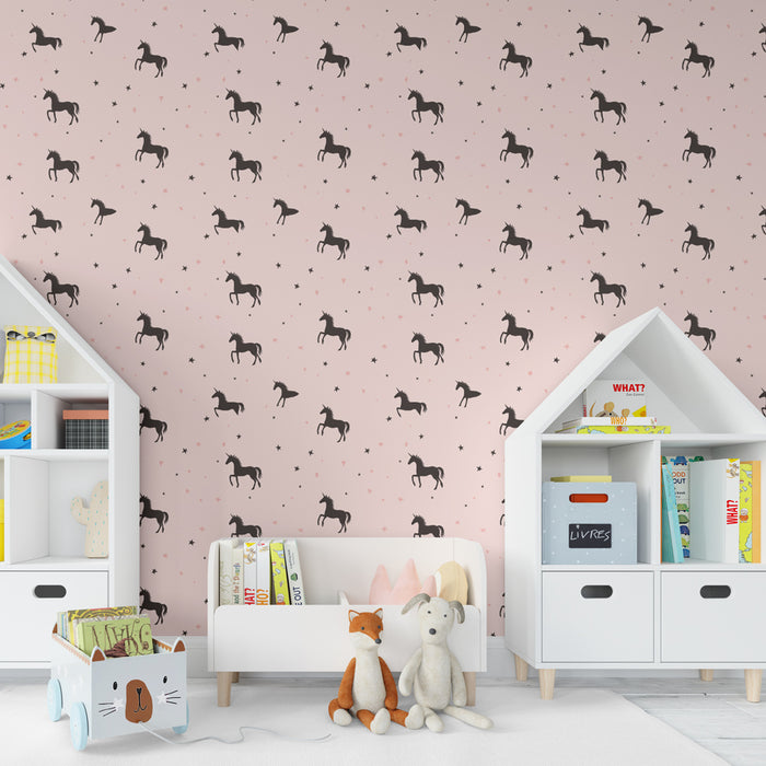 Papier peint chambre enfant à motifs | Chevaux et étoiles sur fond rose
