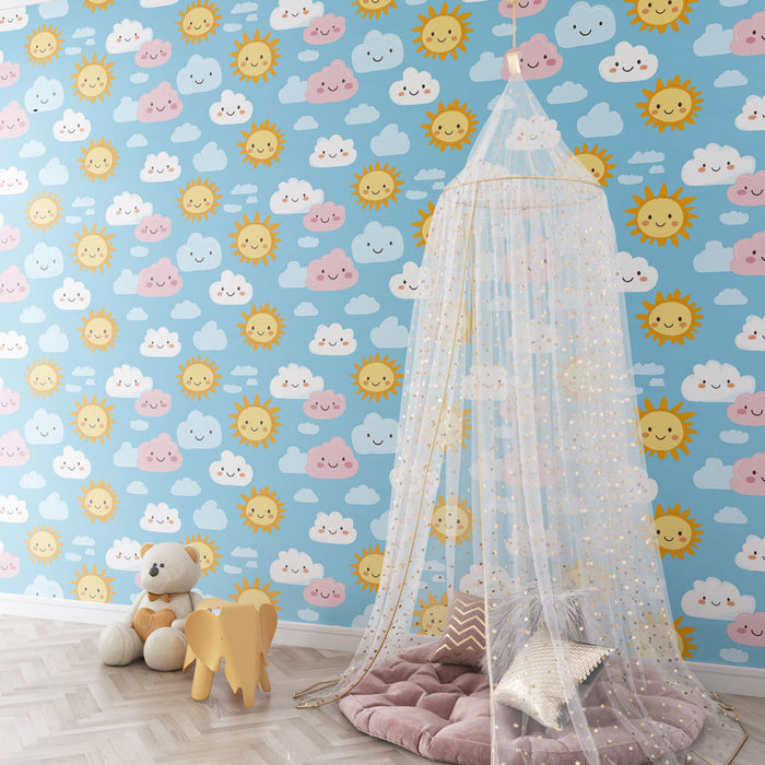 Kinderkamer behang met patronen | Zonnige lucht met lachende wolken